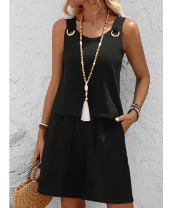 Kadın Askılı Yuvarlak Yaka Kuş Gözü Detaylı Bürümcük Bluz Ve Short Ikili Takım