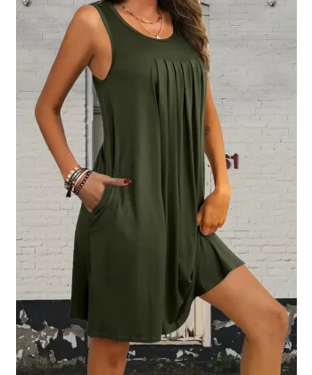 Kadın Askılı Yuvarlak Yaka önden Pileli Cep Detay Viskon Midi Elbise