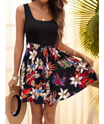 Kadın Askılı Yuvarlak Yaka üst Kaşkorse Alt Süprem Belden Kuşaklı Elbise