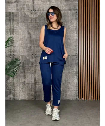 Kadın Askılı Yuvarlak Yaka Viskon Iki Iplik Bluz Ve Eşofman Altı Ikili Takım