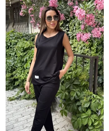 Kadın Askılı Yuvarlak Yaka Viskon Iki Iplik Bluz Ve Eşofman Altı Ikili Takım