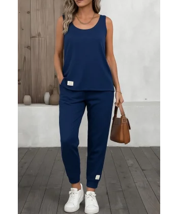 Kadın Askılı Yuvarlak Yaka Viskon Iki Iplik Bluz Ve Eşofman Altı Ikili Takım