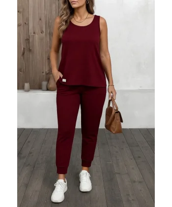 Kadın Askılı Yuvarlak Yaka Viskon Iki Iplik Bluz Ve Eşofman Altı Ikili Takım