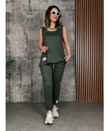 Kadın Askılı Yuvarlak Yaka Viskon Iki Iplik Bluz Ve Eşofman Altı Ikili Takım