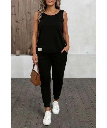 Kadın Askılı Yuvarlak Yaka Viskon Iki Iplik Bluz Ve Eşofman Altı Ikili Takım