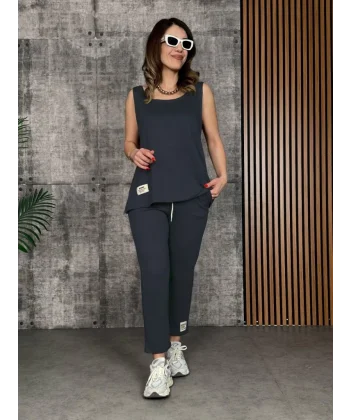 Kadın Askılı Yuvarlak Yaka Viskon Iki Iplik Bluz Ve Eşofman Altı Ikili Takım