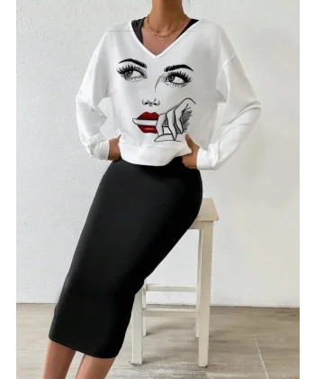 Kadın Askılı Yuvarlak Yaka Viskon Iki Iplik Elbise Ve V Yakalı Bluz Ikili Takım