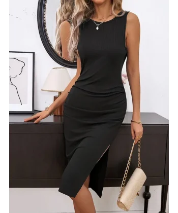 Kadın Askılı Yuvarlak Yaka Yandan Yırtmaç Ve Büzgü Detaylı Janjan Krep Elbise