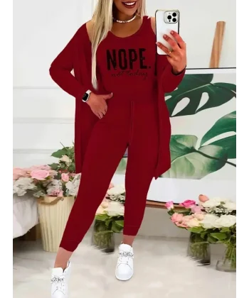 Kadın Askılı Yuvarlak Yaka Yazılı Viskon Iki Iplik Bluz Ceket Ve Pantolon 3lü Takım