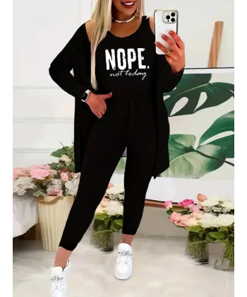 Kadın Askılı Yuvarlak Yaka Yazılı Viskon Iki Iplik Bluz Ceket Ve Pantolon 3lü Takım