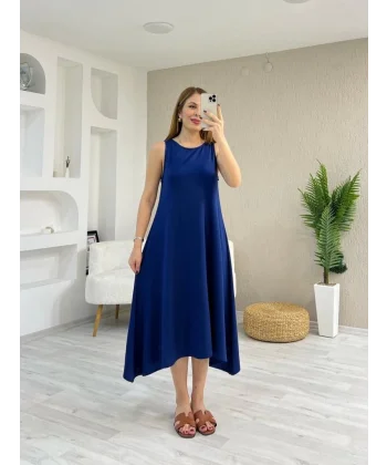 Kadın Askılı Yuvarlak Yakalı Asimetrik Kesim Detaylı Viskon Elbise