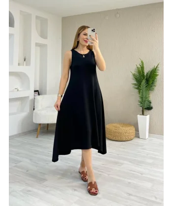 Kadın Askılı Yuvarlak Yakalı Asimetrik Kesim Detaylı Viskon Elbise