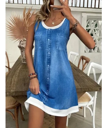 Kadın Askılı Yuvarlak Yakalı Kot Görünümlü Kısa Süprem Elbise