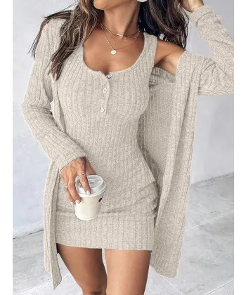 Kadın Askılı Yuvarlak Yakalı önü Düğmeli şardonlu Kaşkorse Mini Elbise Ve Kısa Ceket