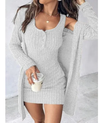 Kadın Askılı Yuvarlak Yakalı önü Düğmeli şardonlu Kaşkorse Mini Elbise Ve Kısa Ceket