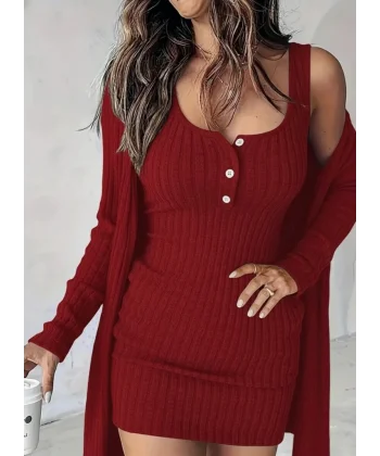 Kadın Askılı Yuvarlak Yakalı önü Düğmeli şardonlu Kaşkorse Mini Elbise Ve Kısa Ceket