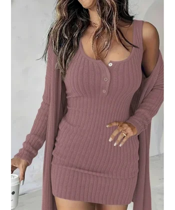 Kadın Askılı Yuvarlak Yakalı önü Düğmeli şardonlu Kaşkorse Mini Elbise Ve Kısa Ceket