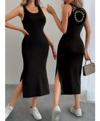 Kadın Askılı Yuvarlak Yakalı Yandan Yırtmaçlı Arkası Dantel Detaylı Viskon Elbise