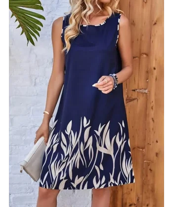 Kadın Askılı Yuvarlak Yakalı Yaprak Desenli Dalgıç Elbise