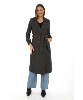 Kadın Astarlı Balık Sırtı Kaşmir Kaşe Kaban - Kahverengi