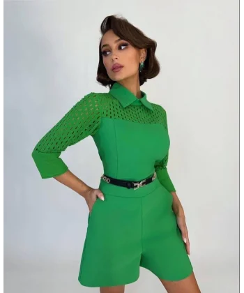 Kadın Atlas Kumaş Lazer Kesim Cep Detaylı Gömlek Yaka Tulum