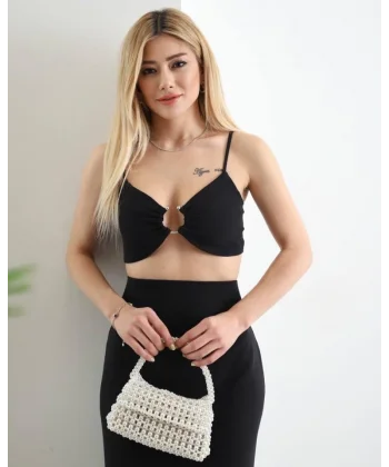 Kadın Atlas Kumaş Yırtmaçlı Etek Ve Tokalı Büstiyer Fırsat Ürün İkili Takım