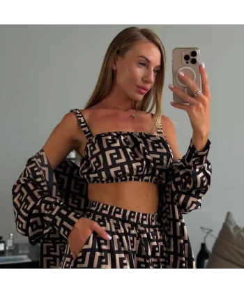 Kadın Bağcık Detaylı Dıjıtal Baskılı Dalgıç Kumaş 3;lü Takım