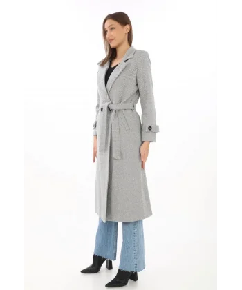 Kadın Balık Sırtı Kaşe Kaban – Uzun Boy Kruvaze Yaka Kuşaklı Astarlı Kışlık Tesettür Kaban, Yünlü Dokuma Kaşmir Kumaş, Cepli Rahat Oversize Kalıp Şık Modern Kaban Mont Modeli (Günlük ve Özel Gün Kombinlerine Uygun) - Gri