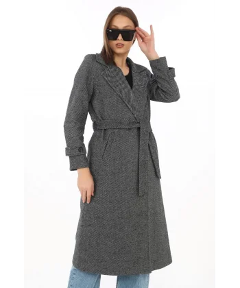 Kadın Balık Sırtı Kaşe Kaban – Uzun Boy Kruvaze Yaka Kuşaklı Astarlı Kışlık Tesettür Kaban, Yünlü Dokuma Kaşmir Kumaş, Cepli Rahat Oversize Kalıp Şık Modern Kaban Mont Modeli (Günlük ve Özel Gün Kombinlerine Uygun) - Füme