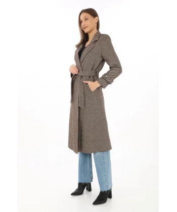 Kadın Balık Sırtı Kaşe Kaban – Uzun Boy Kruvaze Yaka Kuşaklı Astarlı Kışlık Tesettür Kaban, Yünlü Dokuma Kaşmir Kumaş, Cepli Rahat Oversize Kalıp Şık Modern Kaban Mont Modeli (Günlük ve Özel Gün Kombinlerine Uygun) - Vizon