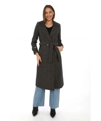 Kadın Balık Sırtı Kaşe Kaban – Uzun Boy Kruvaze Yaka Kuşaklı Astarlı Kışlık Tesettür Kaban, Yünlü Dokuma Kaşmir Kumaş, Cepli Rahat Oversize Kalıp Şık Modern Kaban Mont Modeli (Günlük ve Özel Gün Kombinlerine Uygun) - Kahverengi