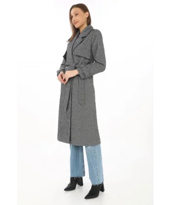 Kadın Balık Sırtı Kaşmir Uzun Kaşe Kaban - Füme