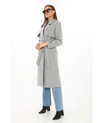 Kadın Balık Sırtı Kaşmir Uzun Kaşe Kaban - Gri