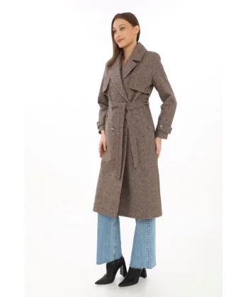 Kadın Balık Sırtı Kaşmir Uzun Kaşe Kaban - Vizon