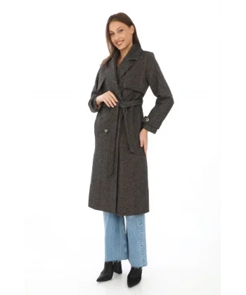 Kadın Balık Sırtı Yünlü Dokuma Kaşe Kaban – Kruvaze Yaka, Kuşaklı, Cepli, Astarlı Uzun Boy Tesettür Şık Kışlık Kaşe Kaban Modeli - Kahverengi