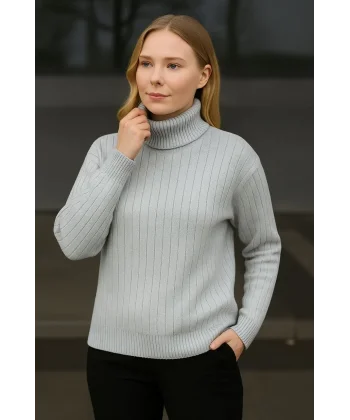 Kadın Balıkcı Yaka Bağazlı Triko Kazak Pamuklu Kalın Fitilli Dokuma - Gri