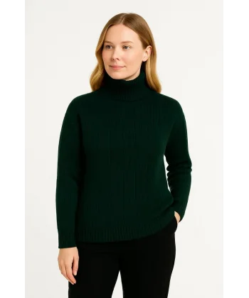 Kadın Balıkcı Yaka Bağazlı Triko Kazak Pamuklu Kalın Fitilli Dokuma - Haki