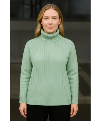 Kadın Balıkcı Yaka Bağazlı Triko Kazak Pamuklu Kalın Fitilli Dokuma - Mint Yeşili