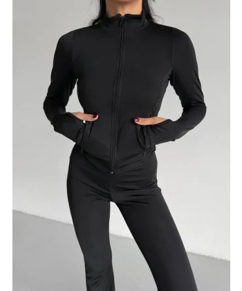 Kadın Balıkçı Yaka Cep Detaylı Ceket Ve Ispanyol Paça Spor Ikili Takım