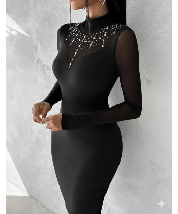 Kadın Balıkçı Yaka Dalgıç Kumaş Taş Ve Transparan Detaydiz üstü Elbise