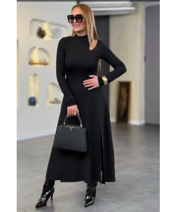 Kadın Balıkçı Yaka Damla Detaylı Yırtmaçlı Uzun Viskon Iki Iplik Maxi Elbise