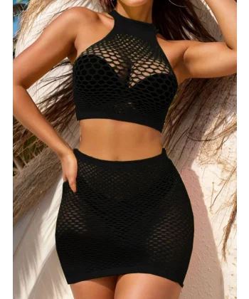 Kadın Balıkçı Yaka Delikli Krop Bluz Ve Etek Triko Ikili Takım