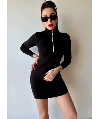 Kadın Balıkçı Yaka Fermuar Detay Mini Elbise