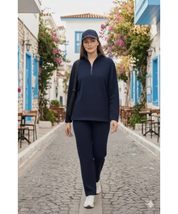 Kadın Balıkçı Yaka Fermuar Detay Polar Sweat Ve Pantolon Ikili Takım
