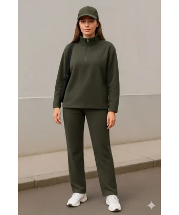 Kadın Balıkçı Yaka Fermuar Detay Polar Sweat Ve Pantolon Ikili Takım