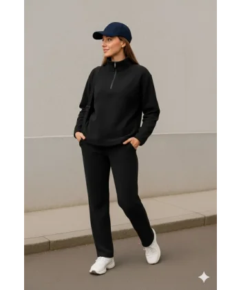 Kadın Balıkçı Yaka Fermuar Detay Polar Sweat Ve Pantolon Ikili Takım