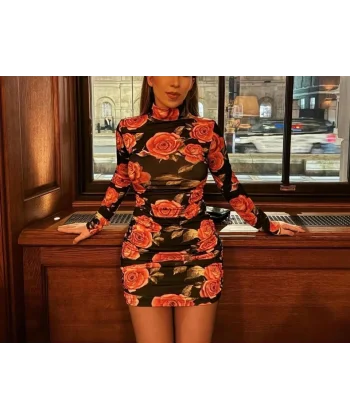 Kadın Balıkçı Yaka Gül Baskılı Fırsat ürün ini Elbise