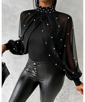 Kadın Balıkçı Yaka Incili Pelerin Ithal Krep Bluz