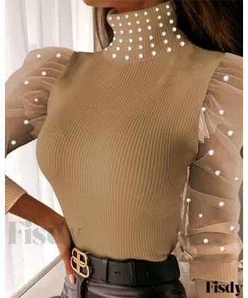 Kadın Balıkçı Yaka Kolları Tül Inci Detay Fırsat ürün Bluz