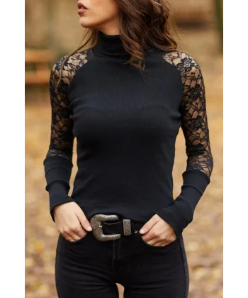 Kadın Balıkçı Yaka Kolları Tül Manşet Detay Kaşkorse Kazak